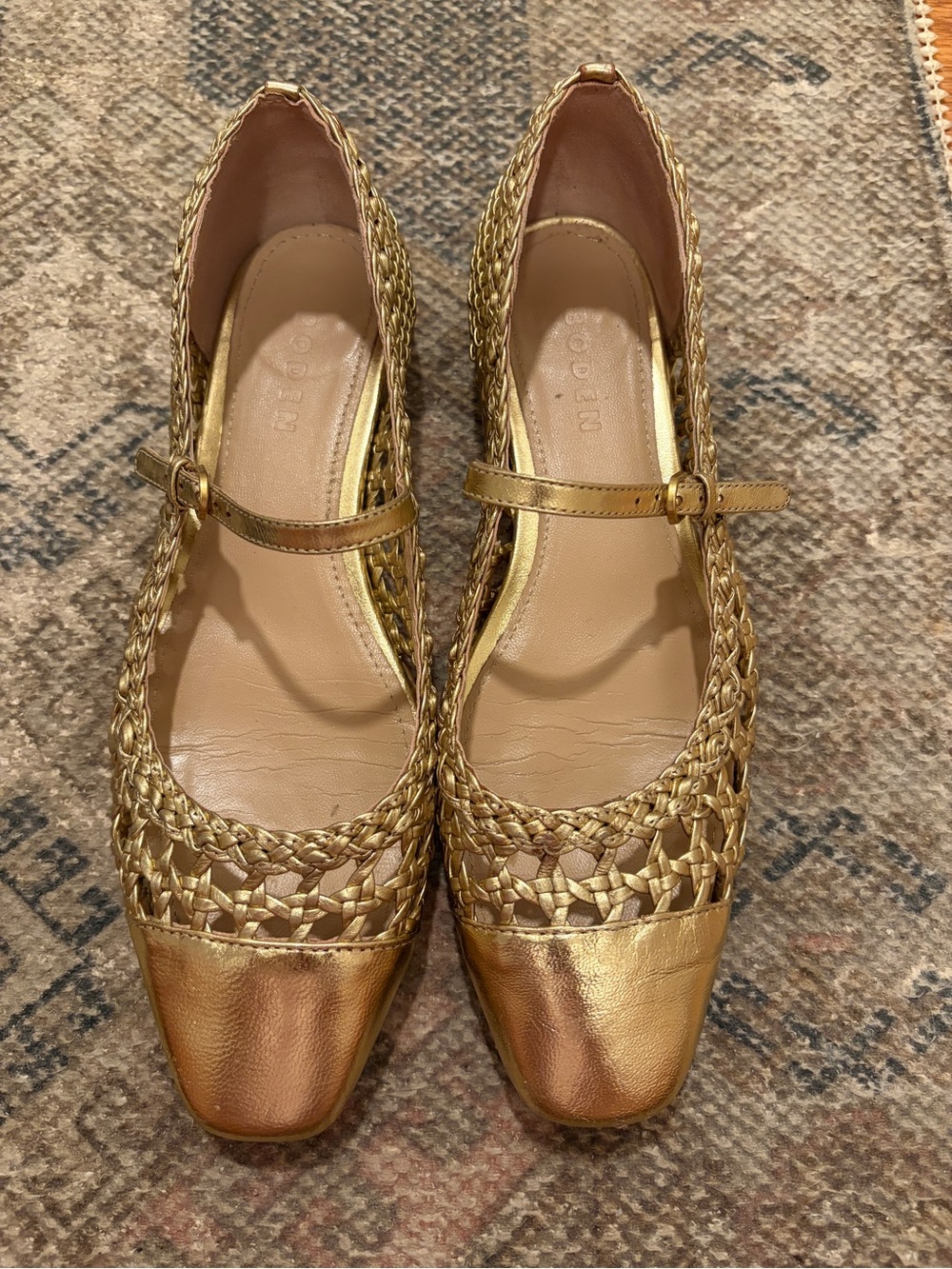 Boden Gold Woven Mary Jane Flats